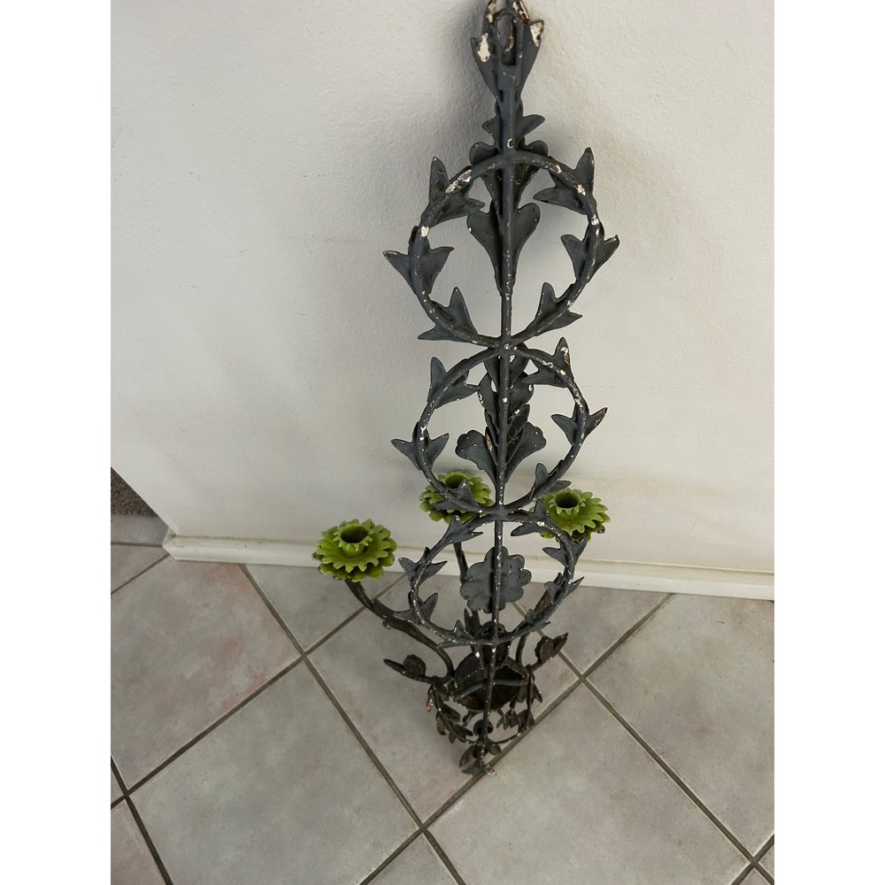 Antique Wrought Iron Wall Sconce Candelabra Green Flower Leaf Ornate Dark - Picture 4 of 5